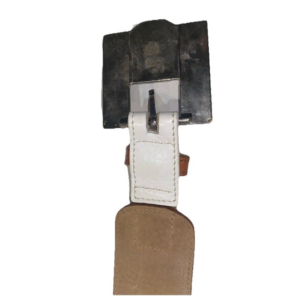 Ginnie Johansen Vintage Womans Leather Belt 24S Aztec Style Art Brown White EUC - Picture 7 of 8